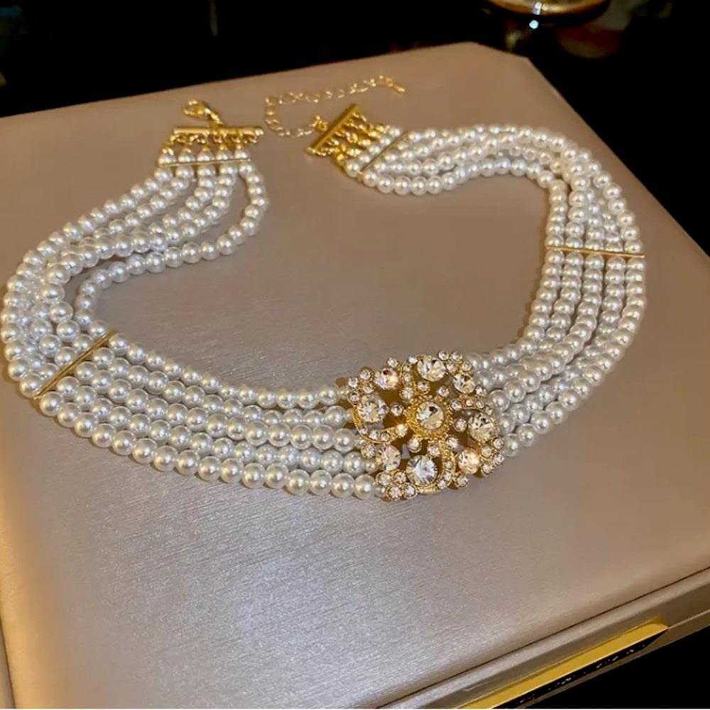 Gold and White Multi-Strand Pearl Choker Necklace with Crystal Accent